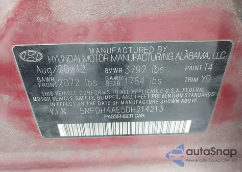 2013 Hyundai Elantra Limited from USA, damaged, VIN 5NPDH4AE5DH214213